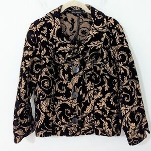 Cut Loose Jacquard Brocade Gold Leaf Jacket Blazer Buttons Blue Gold Medium M